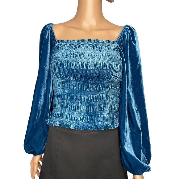 Anthropologie Puff-sleeved Velvet smocked Blouse blue size S NWT boho - Picture 3 of 10